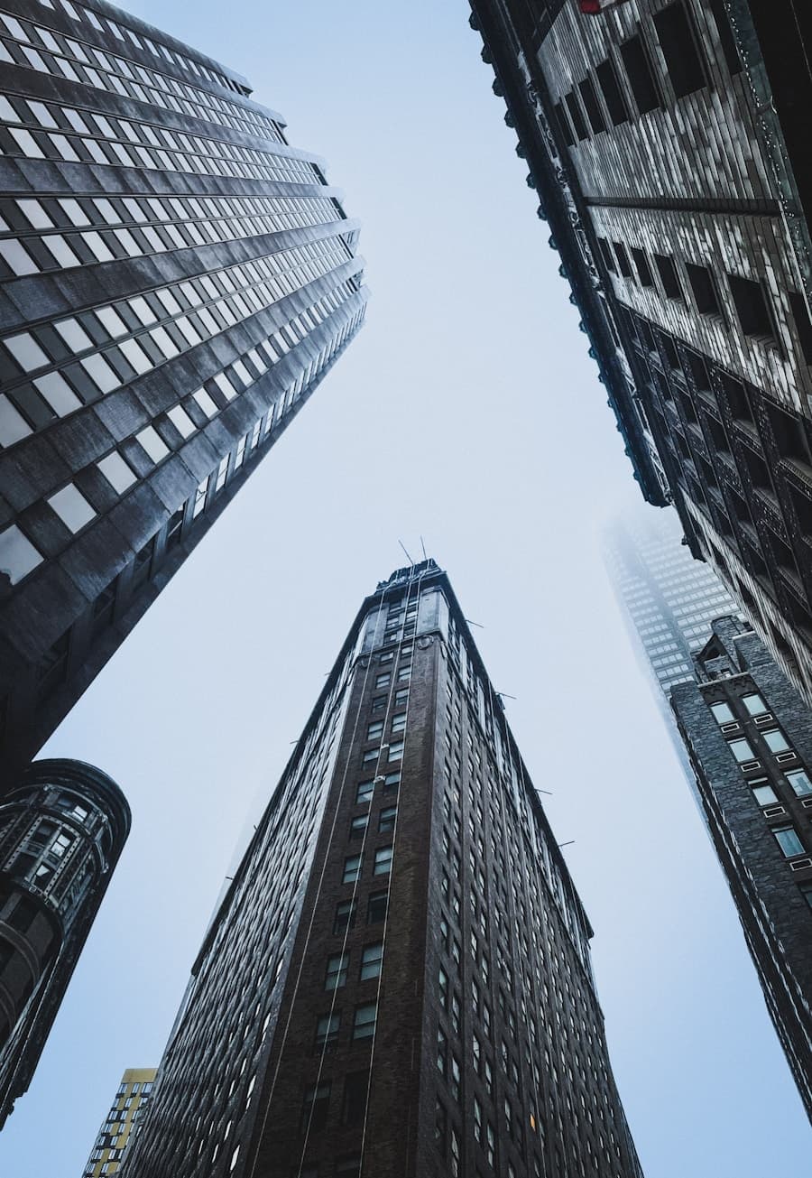 Looking up at high-rise office towers